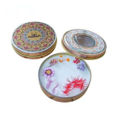 Recipiente vazio do açafrão que empacota o metal redondo do biscoito das cookies da janela do Pvc